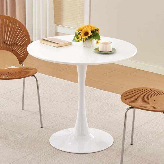 31.5" Round Dining Table, Mid Century Modern Tulip Bistro Table with Thickened Top & Metal Pedestal Base, Small Kitchen Dining Table for Apartment, Living Room, Cafe, Pearl White