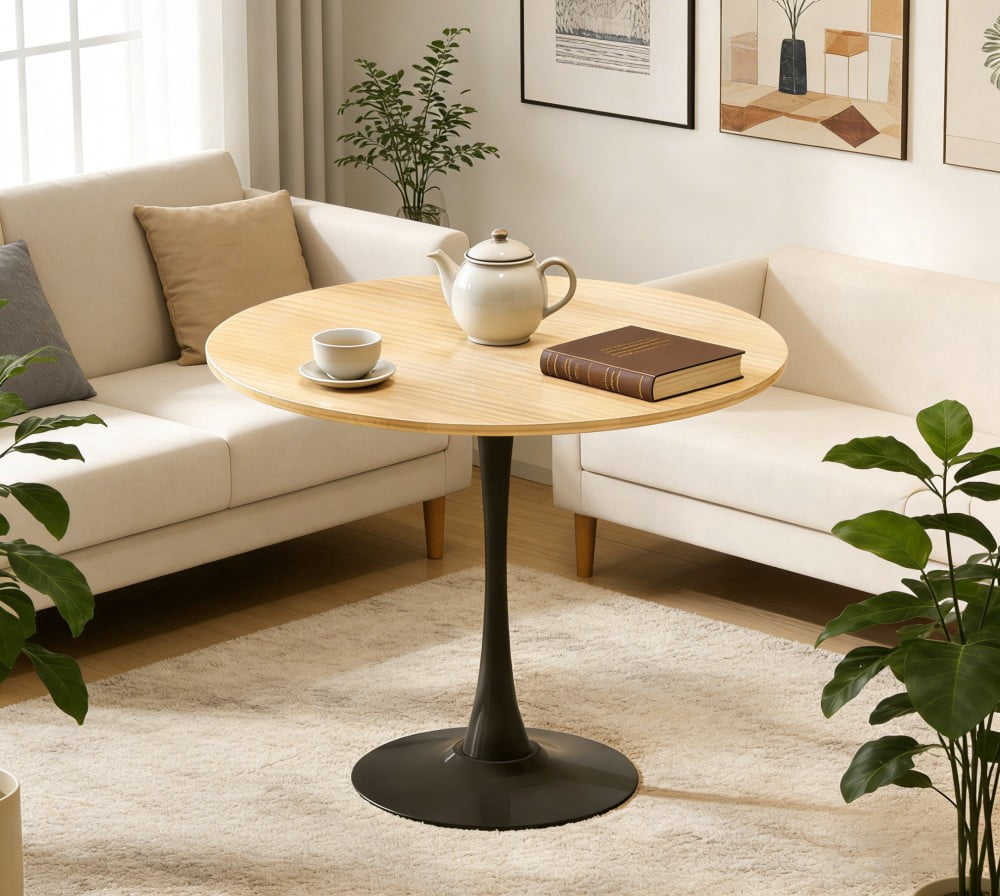 31.5" Round Dining Table, Modern Kitchen Table with MDF Top and Cylindrical Metal Base, Mid Century Coffee Table for Dining Room, Living Room, Apartment, Natural