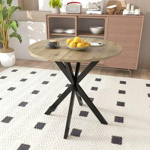 31.5'' Round Dining Table, Modern Small Dining Table for 2-4 People, Compact Circle Kitchen Table with Black Metal Legs, Brown MDF Top, Ideal for Dining Rooms and Kitchens (Product E)
