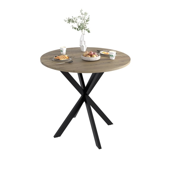 31.5" Round Dining Table, Modern Small Kitchen Table with Black Metal Legs, Seats 2-4 People, Brown, Table Only