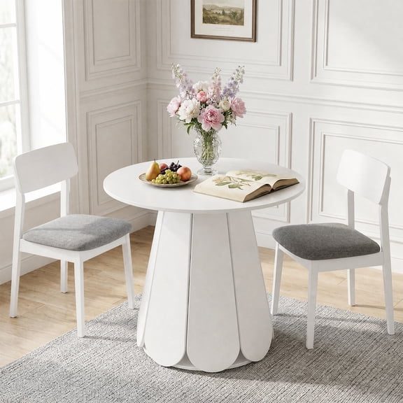 31.5" Round Dining Table, Small Circle Kitchen Table for 2-4 People, Modern Farmhouse Wood Dinning Room Tables with Pedestal Base, Space Saving Dinner Tables for Small Spaces, Table Only, White