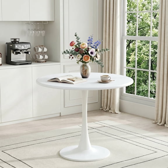 31.5" Round Dining Table, Tulip Pedestal Metal Base and MDF Top, for Small Kitchens and Dining Rooms