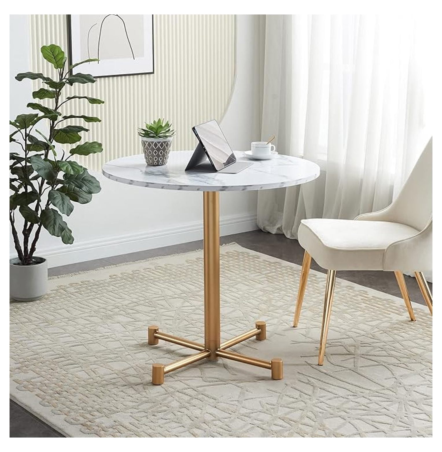 31.5" Round Dining Table with White Faux Marble Wood Top and Golden ...