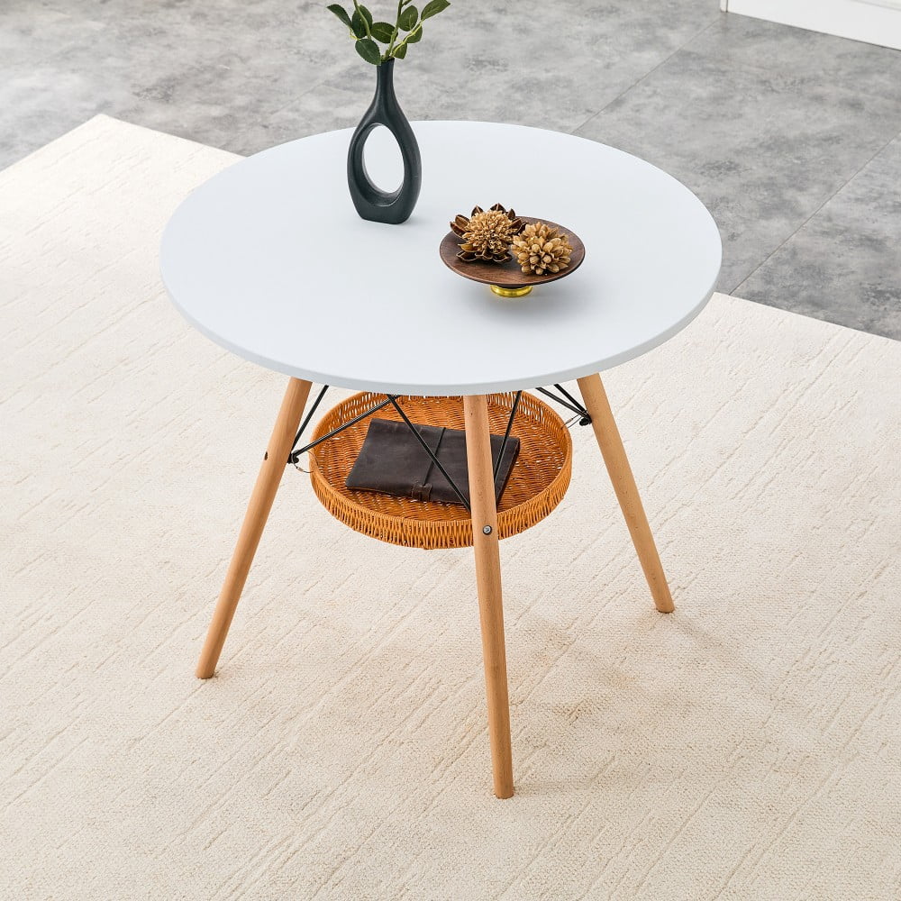31.5" Round Dining Table, White MDF Vacuum-Formed Tabletop with Solid Wood Legs, Woven Storage Basket, Modern Kitchen Table for 2-4