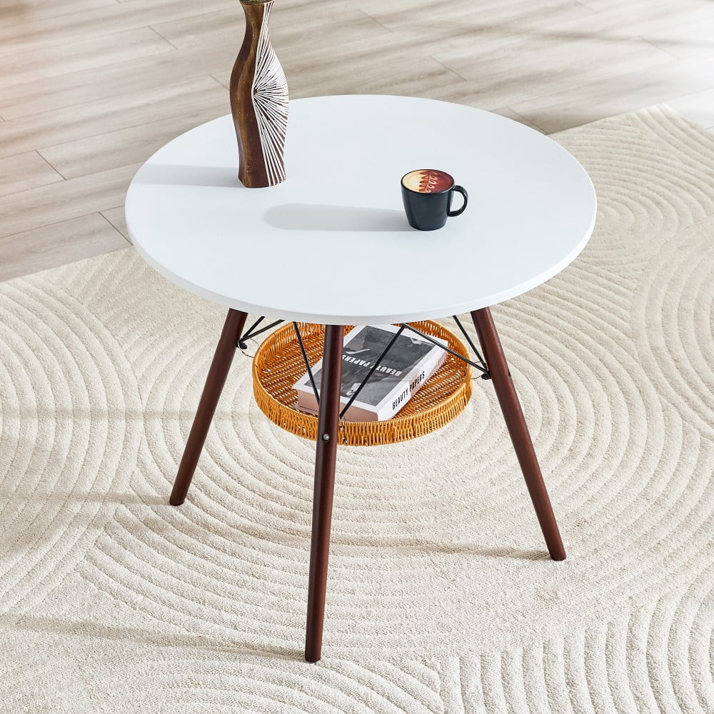 31.5" Round Dining Table, White MDF Vacuum-Formed Tabletop with Walnut Solid Wood Legs, Woven Storage Basket, Modern Kitchen Table for 2-4