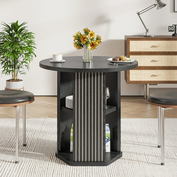 31.5" Round Dining Table for 2-4, Modern Farmhouse Kitchen Table with 2-Tier Storage Shelf for Home Dining Room Living Room, Black