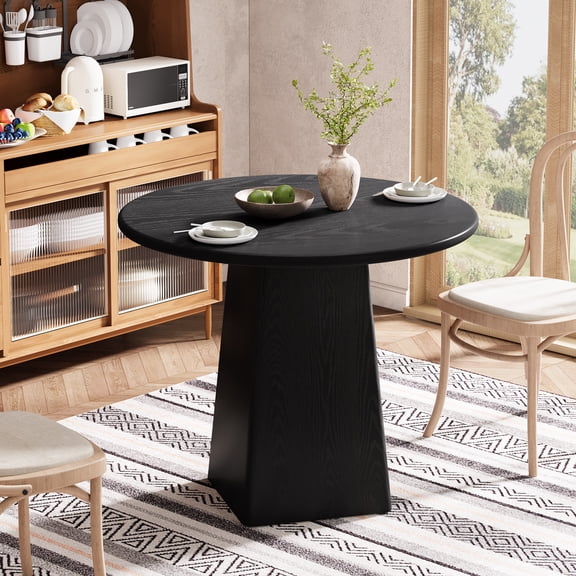 31.5" Round Dining Table for 2-4 People, Small Kitchen or Dining Room Table with Square Base, Space-Saving Farmhouse Style