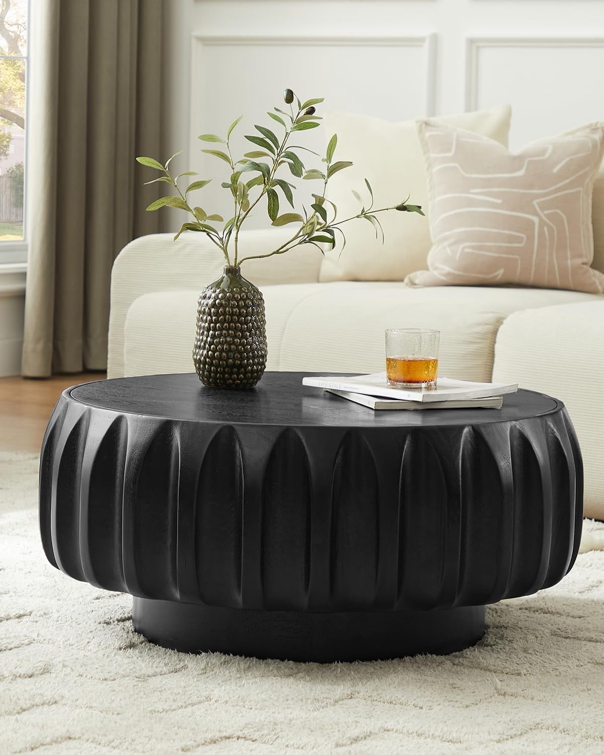 31.5" Round Drum Coffee Table, Fluted Design with Black Solid Wood Veneer for Contemporary Living Room