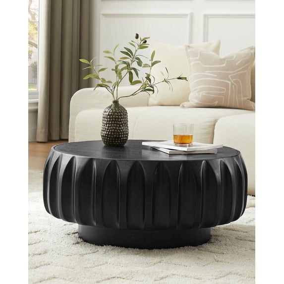 31.5" Round Drum Coffee Table, Fluted Design with Black Solid Wood Veneer for Contemporary Living Room