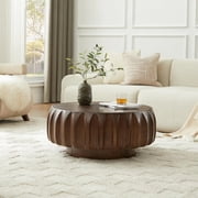 31.5" Round Drum Coffee Table, Fluted Design with Walnut Solid Wood Veneer for Contemporary Living Room