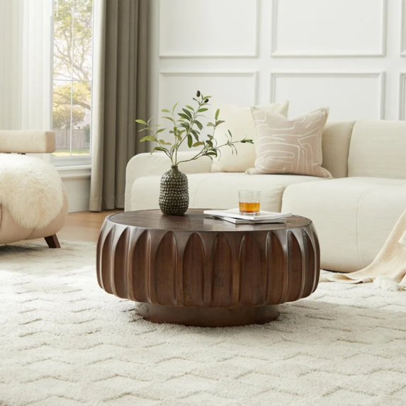 31.5" Round Drum Coffee Table, Fluted Design with Walnut Solid Wood Veneer for Contemporary Living Room