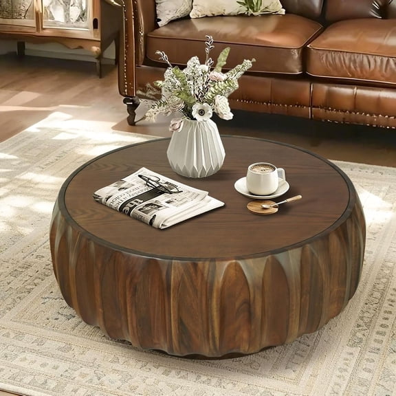 31.5" Round Drum Coffee Table, Fluted Design with Walnut Solid Wood Veneer for Contemporary Living Room