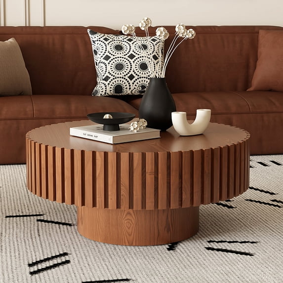 31.5'' Round Drum Coffee Table with Modern Fluted Design & Solid Wood Veneer, Hidden Storage, Quick Assembly, Natural Wood Finish Adapts to Modern & Rustic Decor for Living Room & Bedroom
