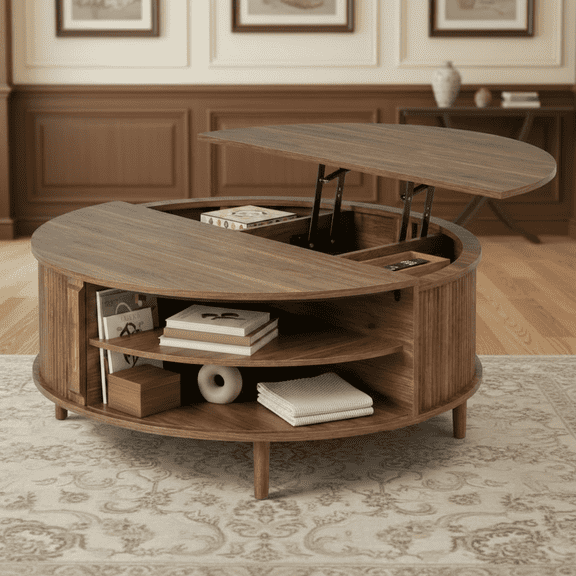 Round Flip-Top Coffee Table with Storage, Farmhouse Style Center Table for Living Room, Sliding Doors, Hidden Compartment, Sturdy Metal Frame