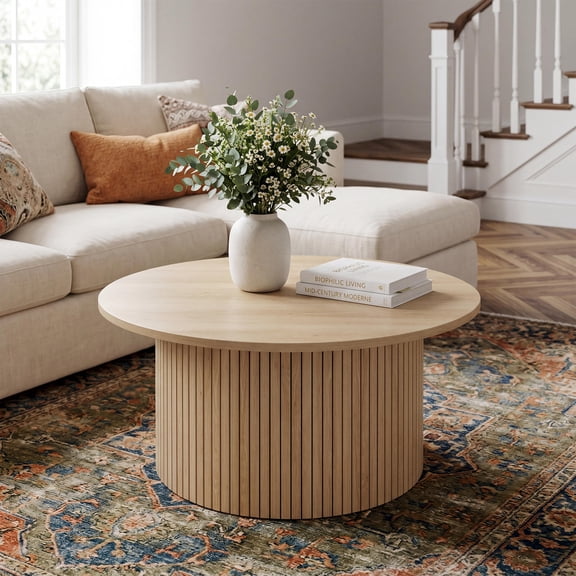 31.5" Round Fluted Coffee Table, Mid-Century Modern Drum Side Table with Wood Slats for Living Room Office, Walnut/Natural/Black