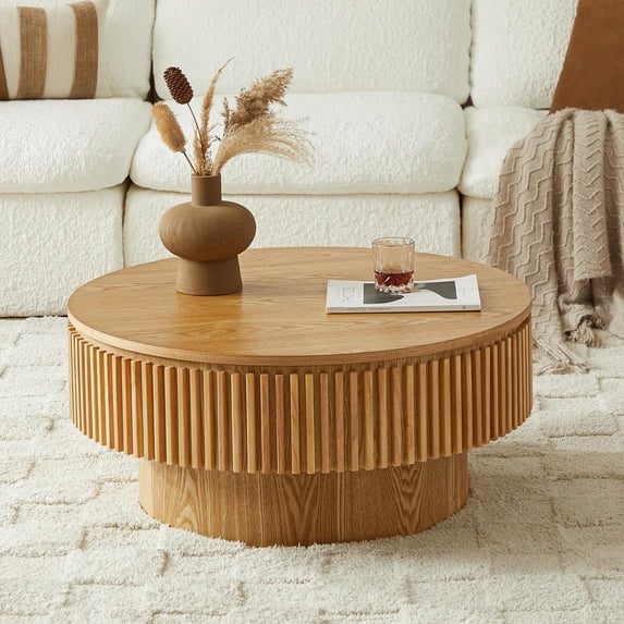 31.5" Round Fluted Drum Coffee Table with Hidden Storage, Modern Slatted Accent Table for Living Room & Small Spaces,Natural