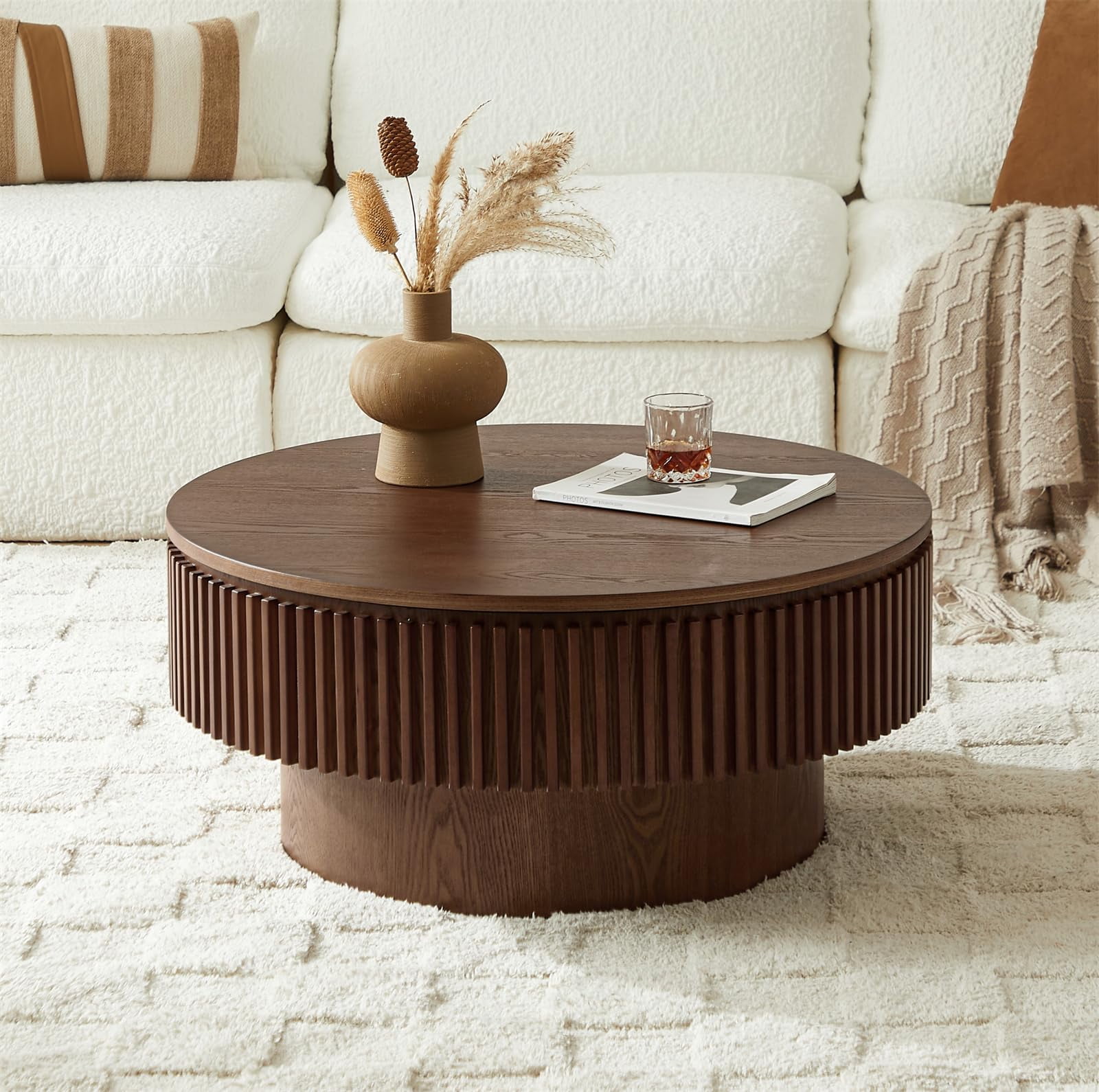 31.5" Round Fluted Drum Coffee Table with Hidden Storage, Modern Slatted Accent Table for Living Room & Small Spaces,Walnut