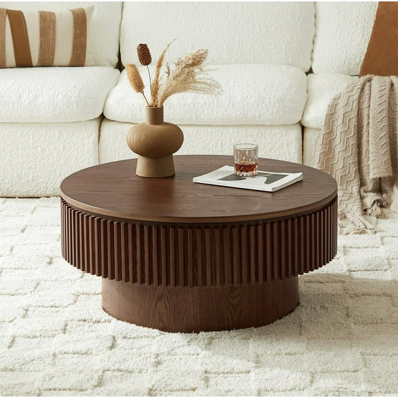 31.5" Round Fluted Drum Coffee Table with Hidden Storage, Modern Slatted Accent Table for Living Room & Small Spaces,Walnut
