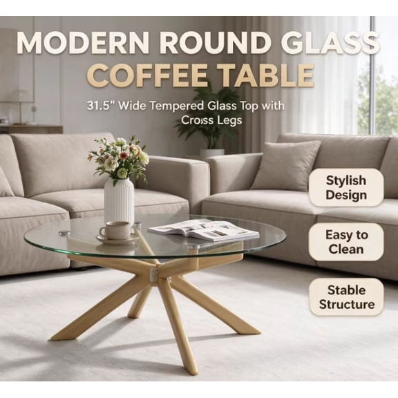 31.5" Round Glass Coffee Table with Sturdy Metal Base, Modern Cocktail Table for Living Room, Apartment & Home Office, Holds up to 77.16 Lbs, New Year Gift for Family & Friends