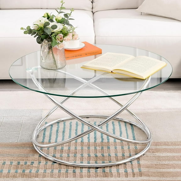 31.5’’ Round Glass Coffee Table with Chrome-Plating Bright Metal Oval Frame, Modern Circle Silver Coffee Table for Living Room, Silver