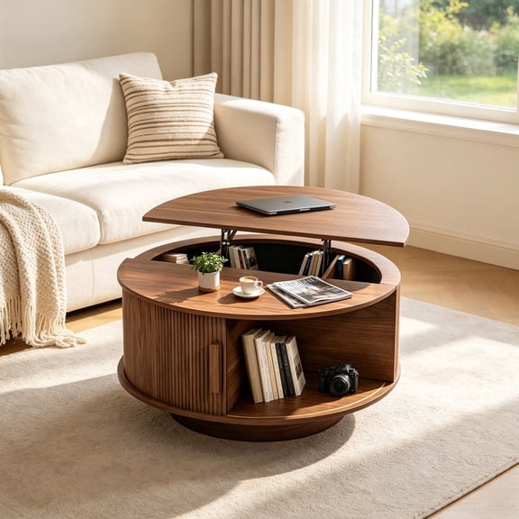 31.5" Round Lift Top Coffee Table, Fluted Center Table with Sliding Tambour Door and Hidden Storage for Living Room, Walnut