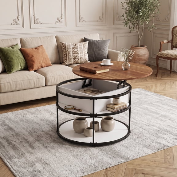 31.5" Round Lift Top Coffee Table with Hidden Compartment, Accent Center Table with Metal Frame,Teak
