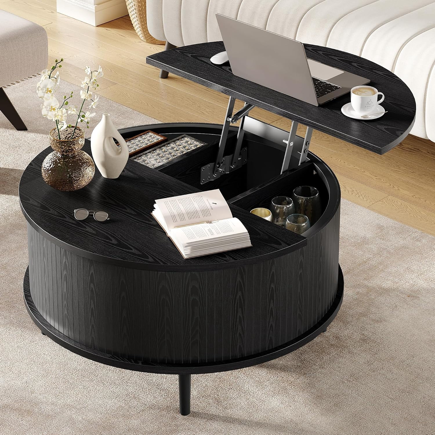 31.5" Round Lift Top Coffee Table with Hidden Storage, Fluted Wood ...