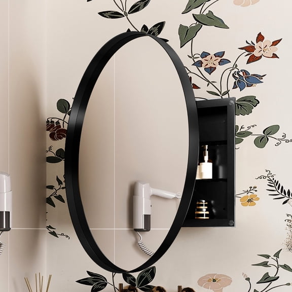 31.5" Round Metal Medicine Cabinet with Mirror and 2 Adjustable Shelves - Complement Bathroom Decor