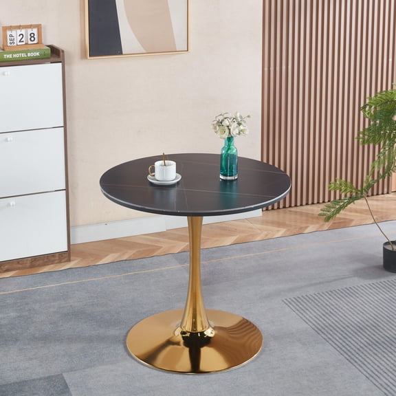 31.5" Round Mid-Century Tulip Dining Table, White Faux Marble Top with Gold Pedestal Base, Seats 2-4, MDF & Ceramic Top, Leisure Coffee/End Table for Kitchen, Living Room