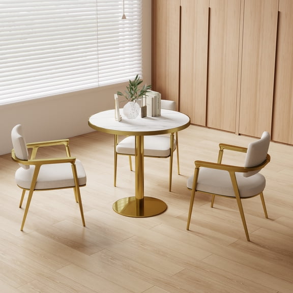 31.5" Round Outdoor Bistro Table, Sintered Stone Top, Gold+White, 31.5x31.5x29.53 in