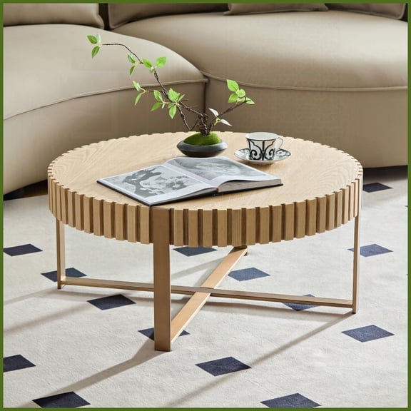 31.5'' Round Natural Ash Coffee Table for Living Room, Stainless Steel Pedestal - Space-Saving & Easy to Clean