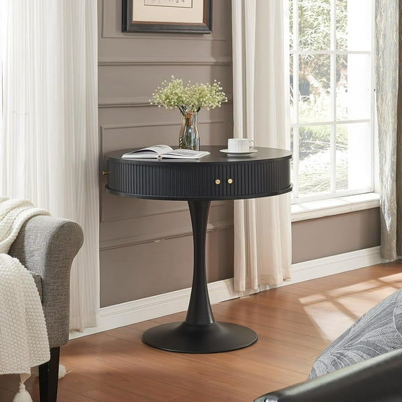 31.5" Round Fluted Pedestal Table for 2-4, Black Circle Kitchen Dinner Table with Hidden Storage, 31''H Small Tulip Breakfast Desk with Sliding Doors, Metal Base for Kitchen, Cafe, Patio, Courtyard