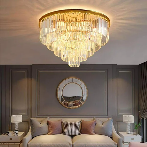 31.5" Round Postmodern Crystal Flush Mount Ceiling Light with Remote - 5-Tier Transparent K9 Prisms & Gold Iron Finish for Living Room/Bedroom