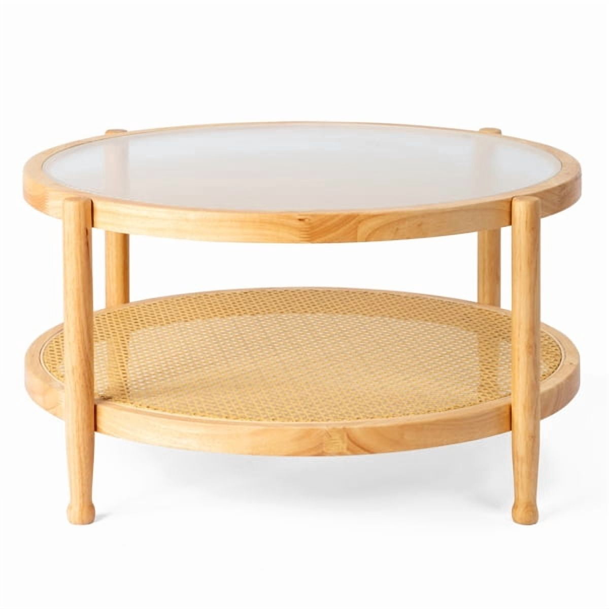 31.5" Round Rattan Coffee Table - Tempered Glass Top , Hand-Woven Rattan Shelf, Rubberwood Frame, Indoor/Outdoor for Living Room, Patio, Bedroom
