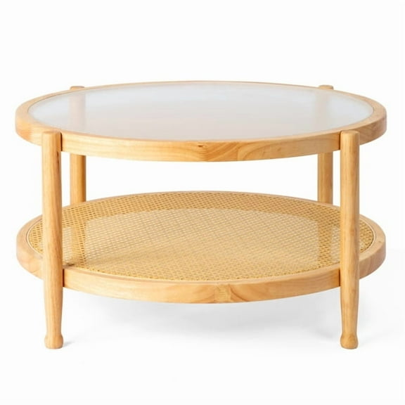 31.5" Round Rattan Coffee Table, Tempered Glass Top , Hand-Woven Rattan Shelf, Rubberwood Frame, Indoor/Outdoor for Living Room, Patio, Bedroom