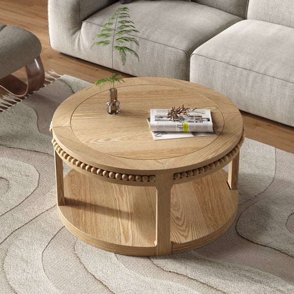 31.5" Round Solid Wood Coffee Table with 2-Tier Storage Shelf, Modern Circle Center Table with Thickened Top & Sturdy Wood Legs for Living Room, Natural Wood