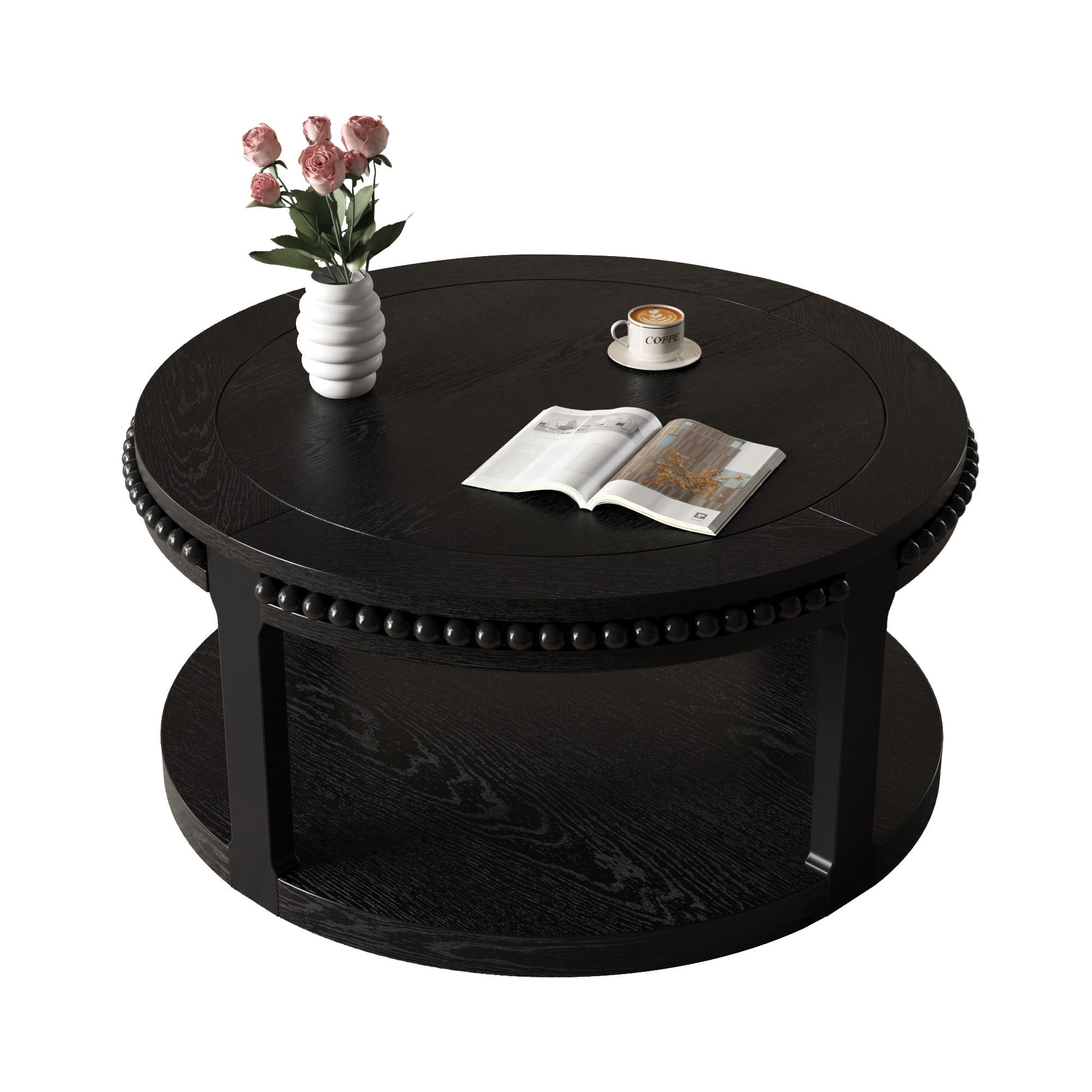 31.5" Round Solid Wood Coffee Table, 2 Tier Wood Coffee Table with Shelf, Modern Center Table for Living Room Sofa Table, Black