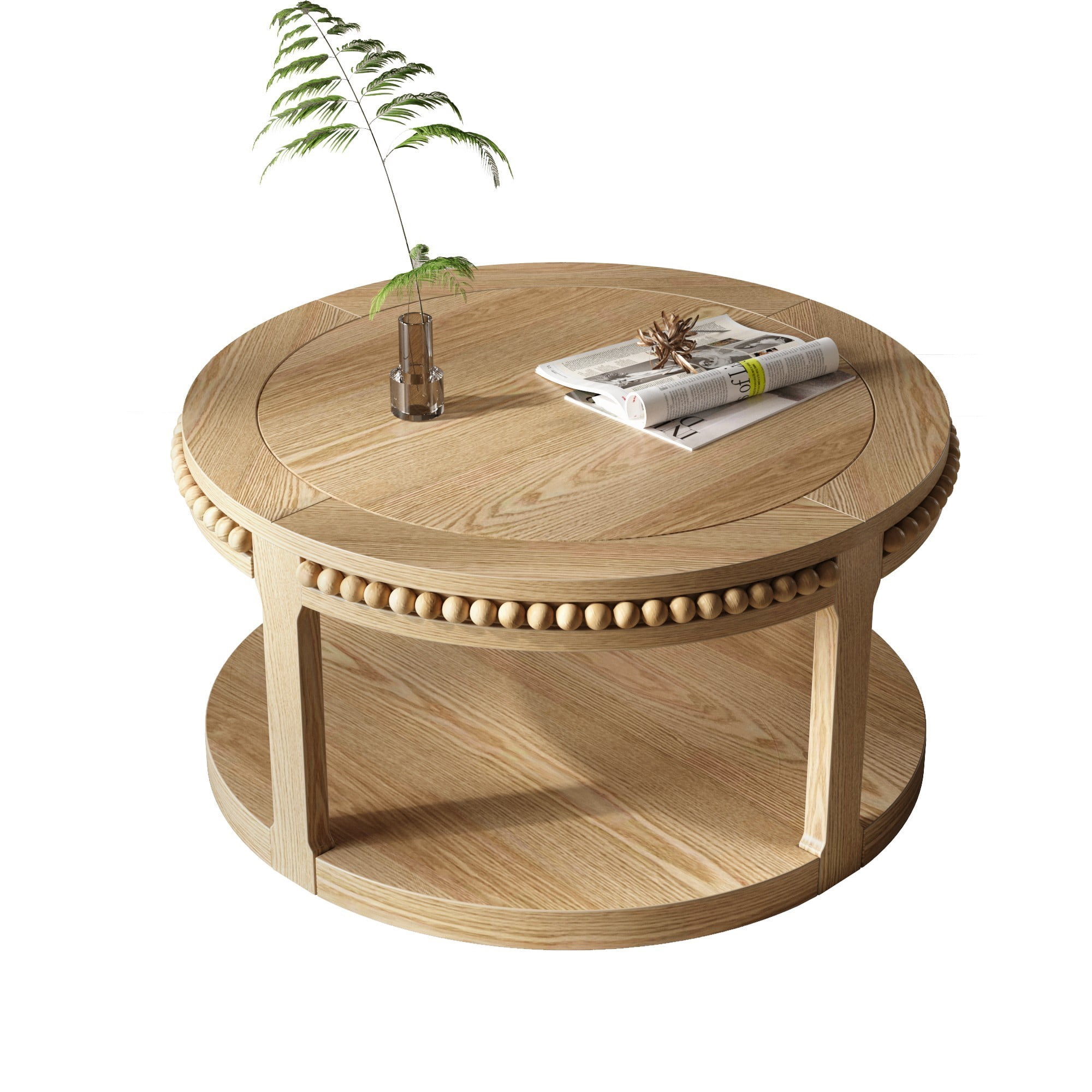 31.5" Round Solid Wood Coffee Table, 2 Tier Wood Coffee Table with Shelf, Modern Center Table for Living Room Sofa Table, Natural