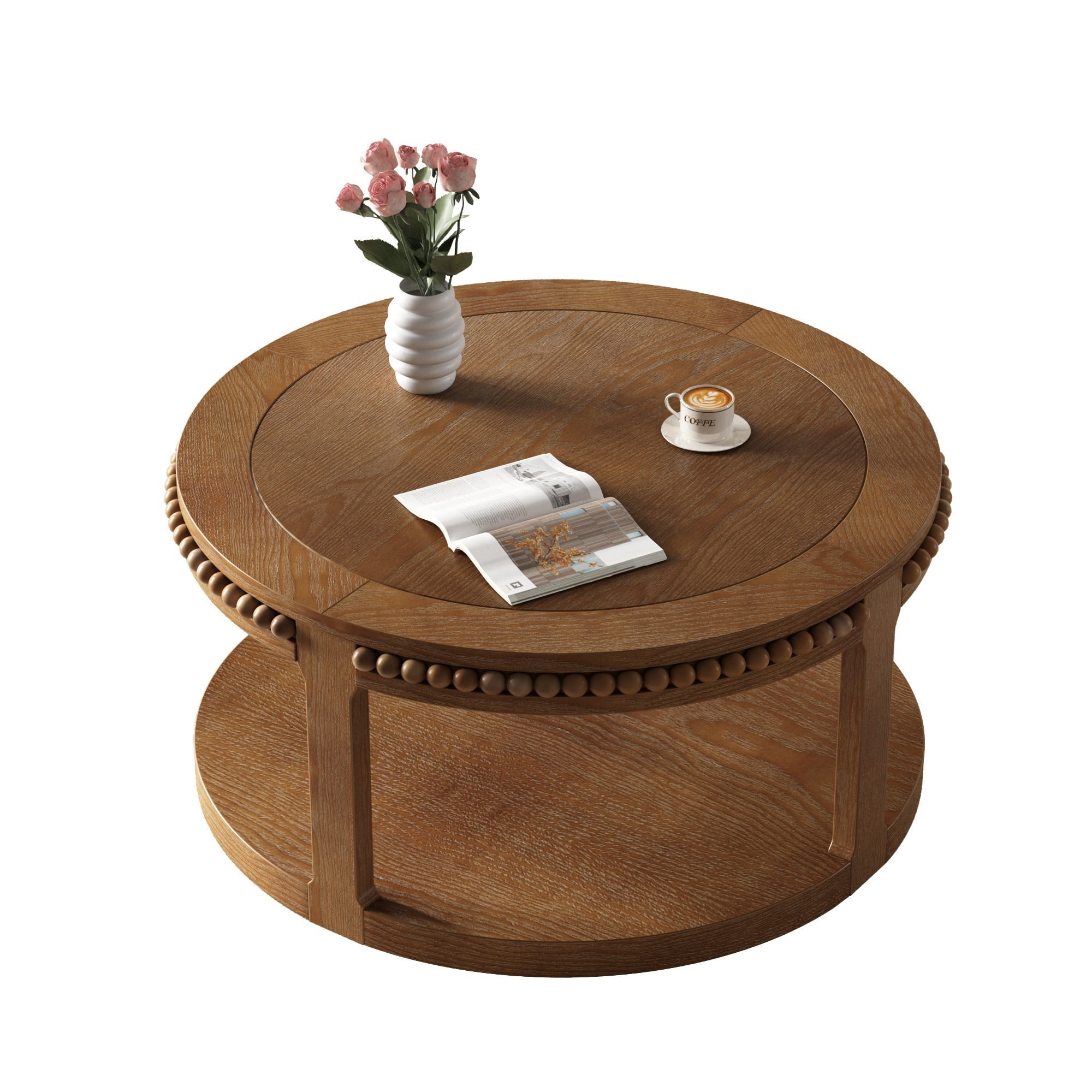 31.5" Round Solid Wood Coffee Table, 2 Tier Wood Coffee Table with Shelf, Modern Center Table for Living Room Sofa Table, Walnut