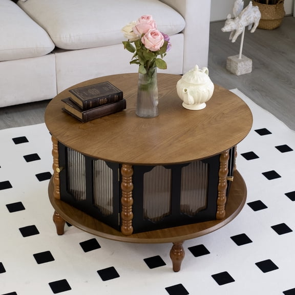 31.5" Round Storage Coffee Table with Three Doors, Modern Wood Veneer Accent Table, Multi-use for Living Room, Apartment and Office, Small Space Friendly