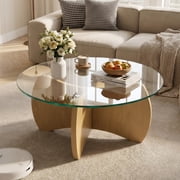 Daluvenix 31.5" Round Tempered Glass Coffee Table, Modern Curved Solid Wood Frame, Minimalist Circular Center End Side Table, Easy Assembly for Living Room Apartment Office, Beech Wood