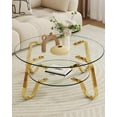 thumbnail image 1 of 31.5" Round Tempered Glass Coffee Table with Metal Legs & Lower Shelf, Modern Double-Layer Glass Coffee Table for Living Room Small Space, Gold, 1 of 8