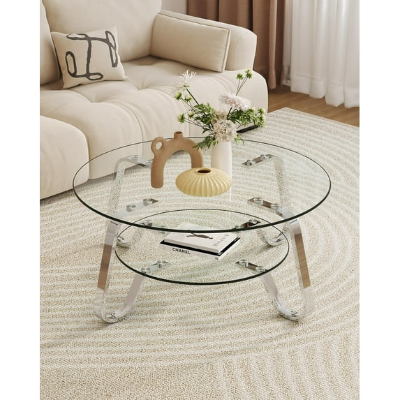 31.5" Round Tempered Glass Coffee Table with Metal Legs & Lower Shelf, Modern Double-Layer Glass Coffee Table for Living Room Small Space, Silver