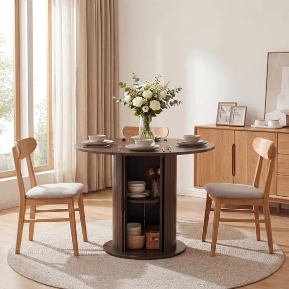 31.5" Round Wood Dining Table for 2 – Compact Farmhouse Kitchen Table with Center Storage, Eclectic Style Space-Saving Design for Small Apartments – Dark Walnut