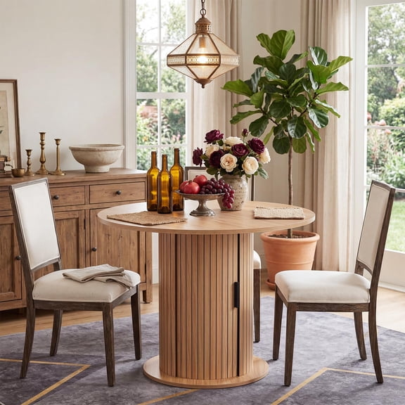 31.5" Round Wood Dining Table for 2 – Compact Farmhouse Kitchen Table with Center Storage, Eclectic Style Space-Saving Design for Small Apartments – Natural Wood Color