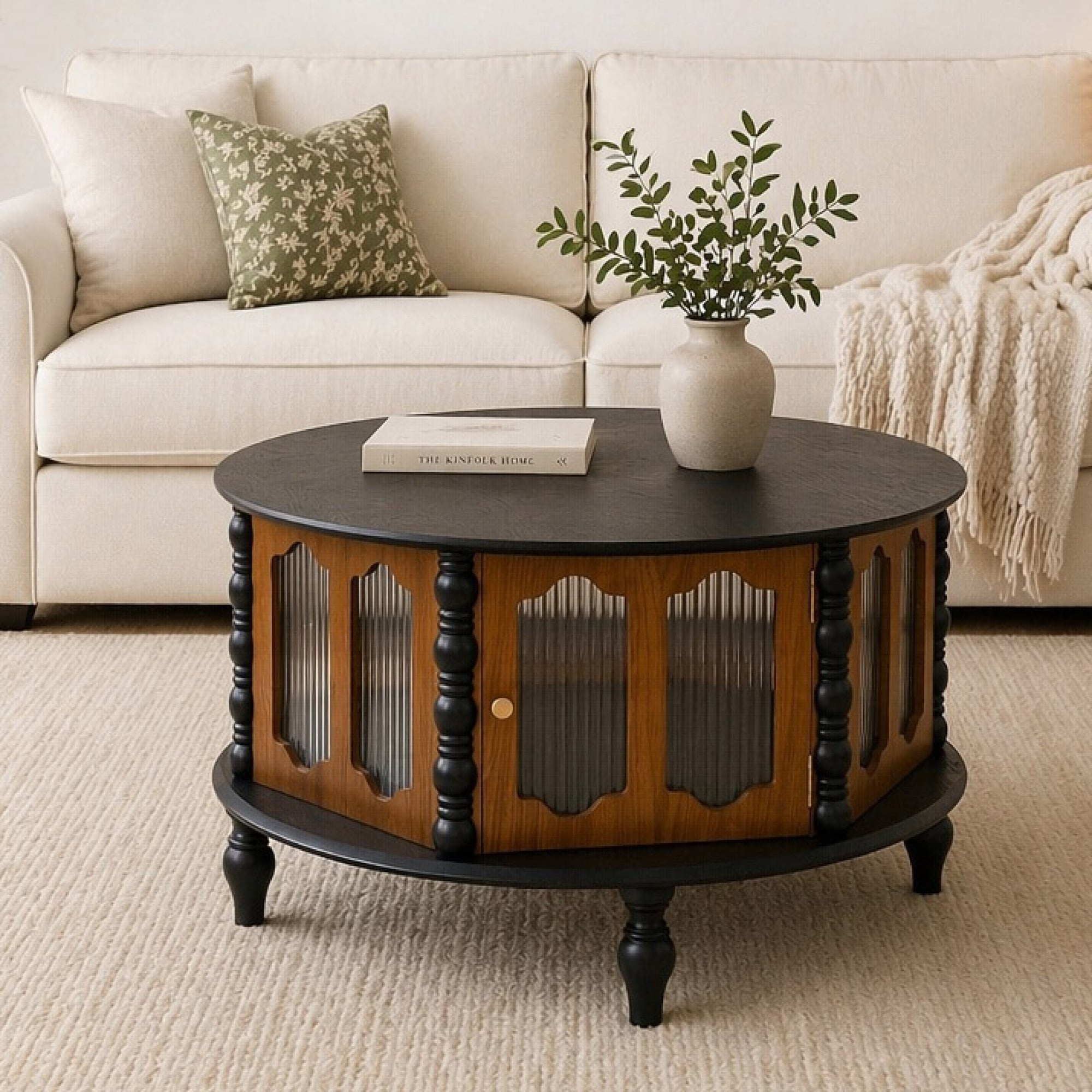 31.5" Round Wooden Coffee Table With Storage,Modern Living Room Center Table with 3 Glass Doors for Living Room,Apartment,Office,Black