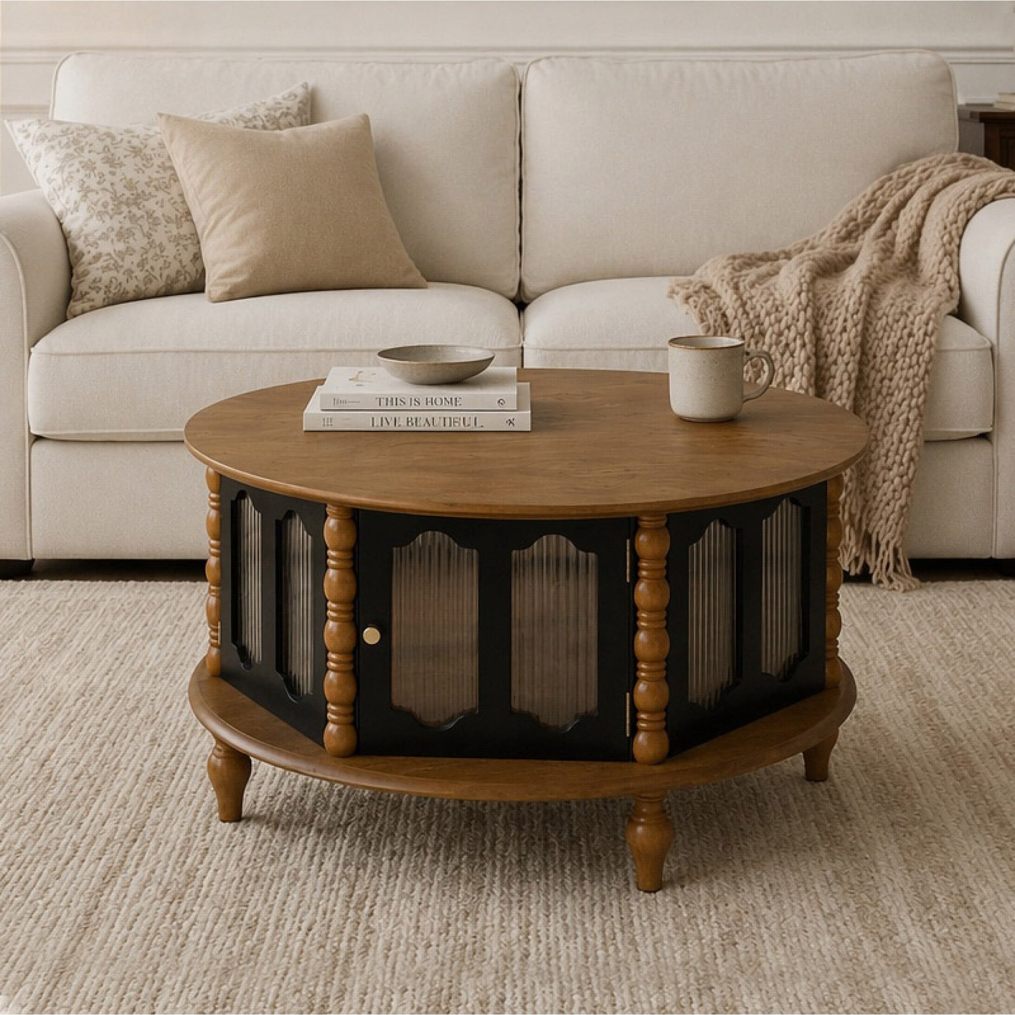 31.5" Round Wooden Coffee Table With Storage,Modern Living Room Center Table with 3 Glass Doors for Living Room,Apartment,Office,Brown