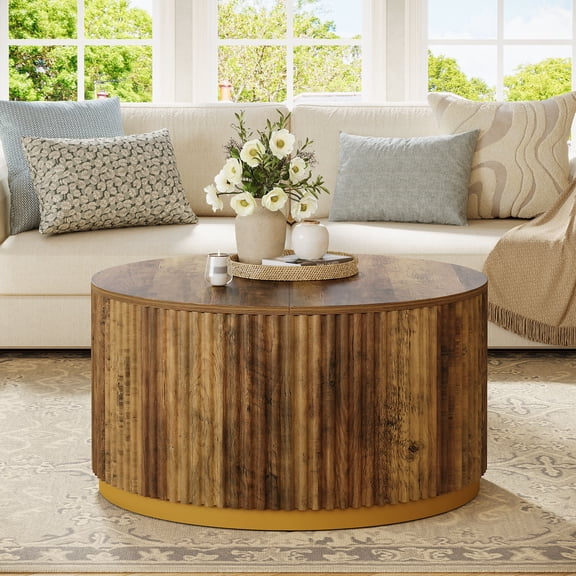 31.5" Round Wooden Coffee Table with Fluted Drum Base, Mid-Century Modern Accent Table for Living Room, Office, or Small Spaces
