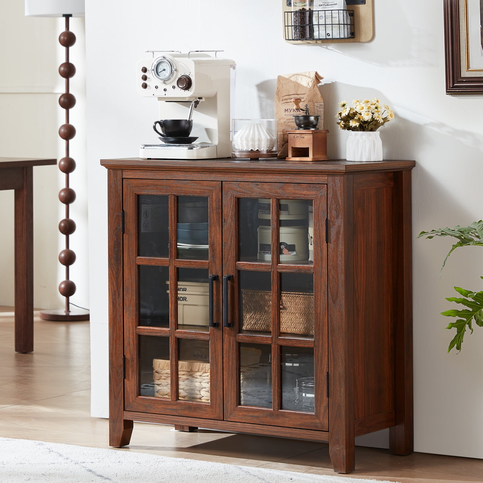 31.5" Rustic Buffet Cabinet with 2 Glass Doors, Compact Sideboard Kitchen Storage Cabinets Coffee Bar Cabinet for Living Room, Brown