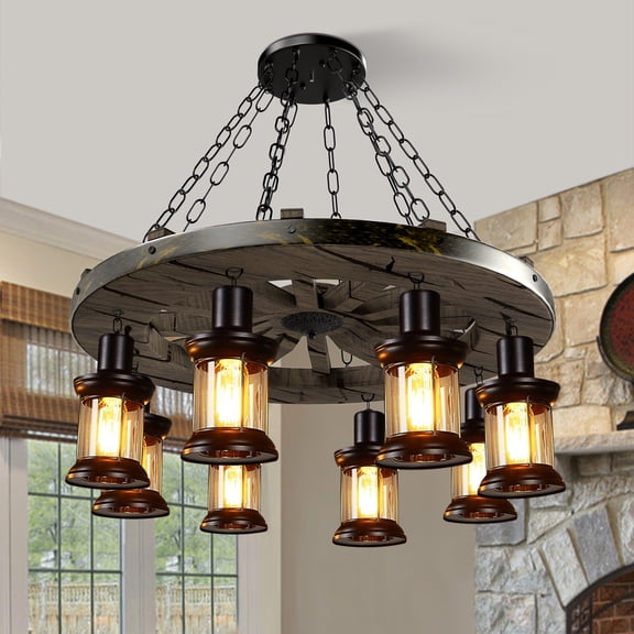 31.5" Rustic Wood Wheel 8-Light Chandelier, Farmhouse Barn Ceiling Pendant Light with Adjustable 23.6" Black Chains, 43.3" Height31.5" Diameter, E268 Sockets